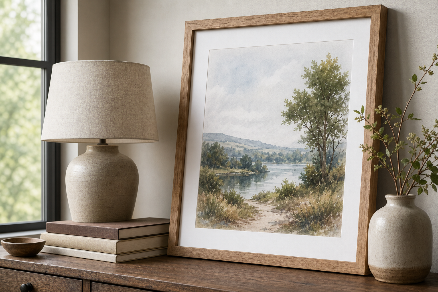 Close-up of oak frame and nature print styling details