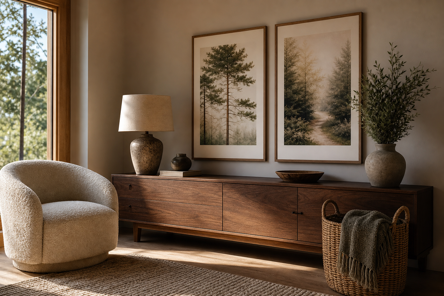 Living room styled with forest and landscape wall art