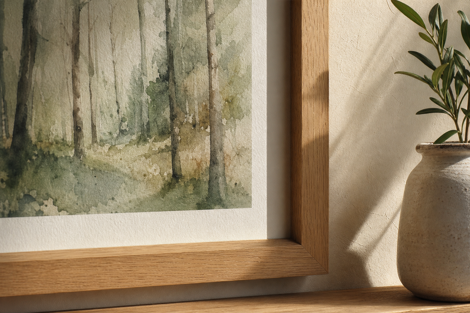 Close-up of natural wood frame and textured nature print