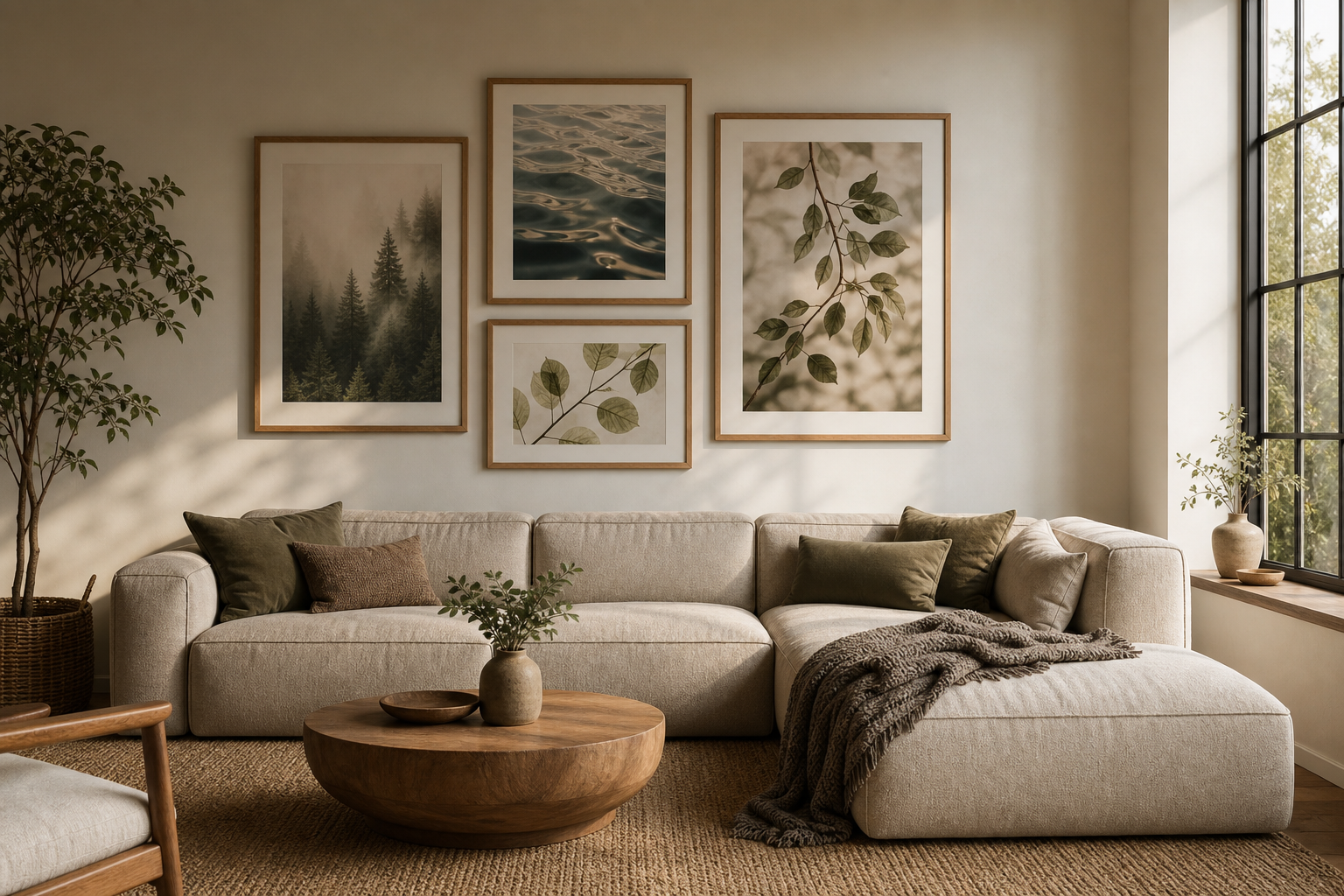 Living room gallery wall with coordinated nature prints