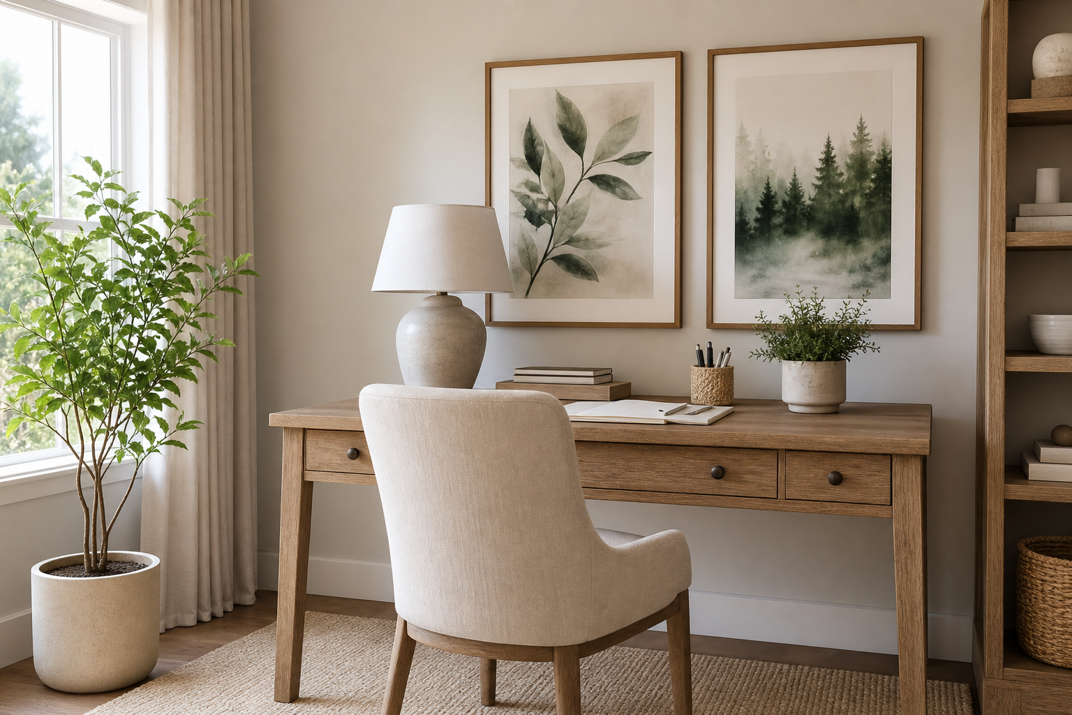 Home office with calming nature wall art