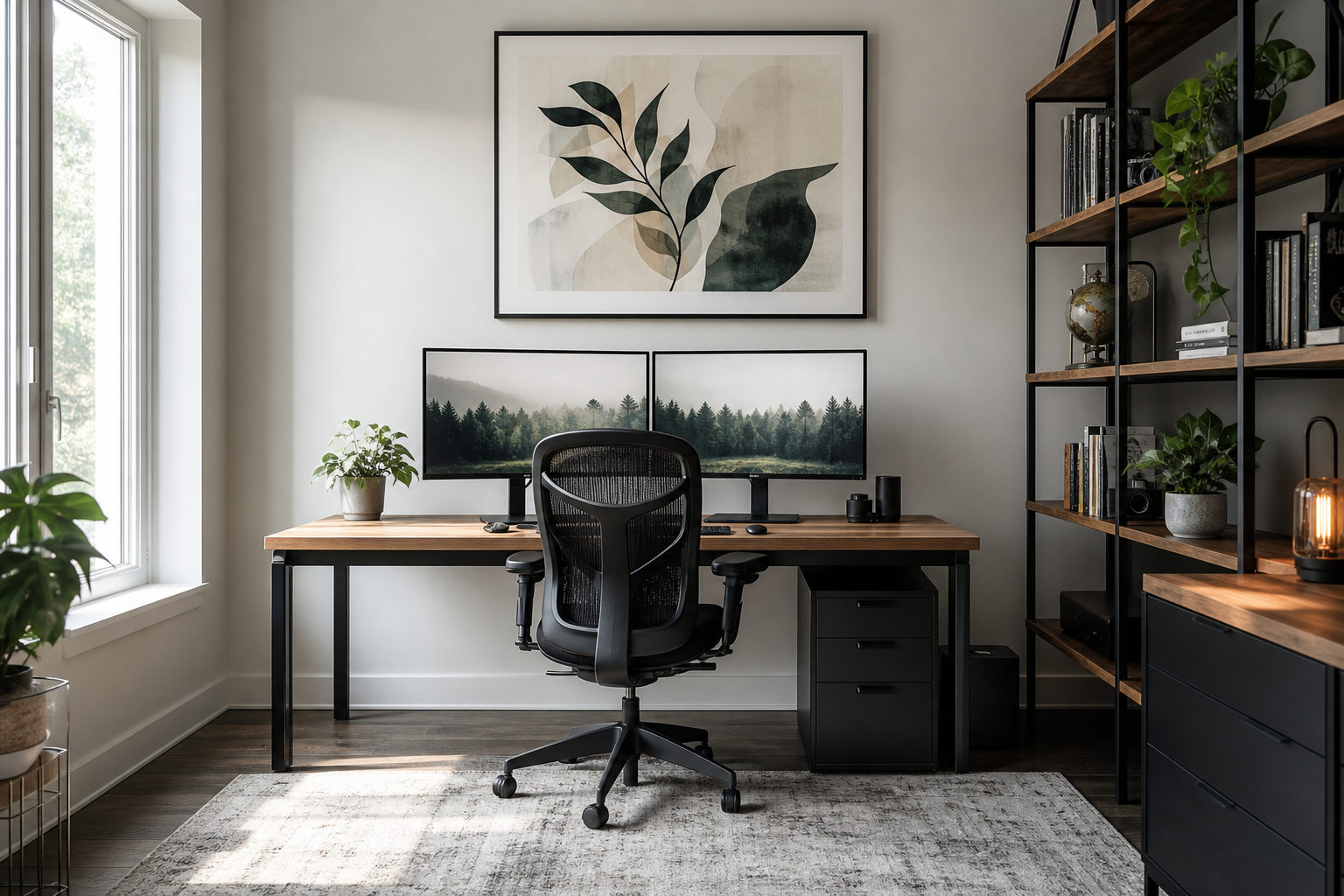 Office desk with properly scaled framed print above it