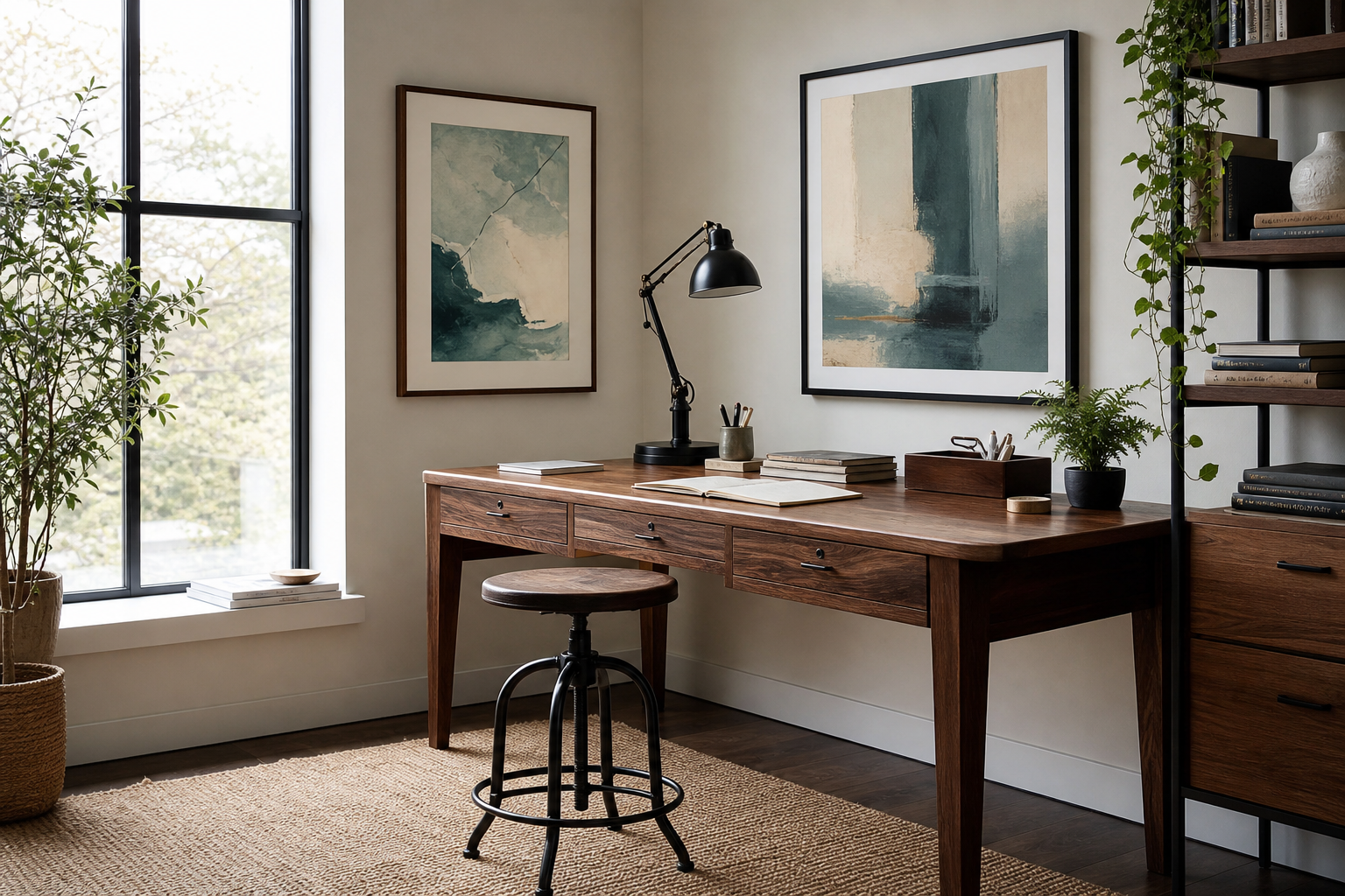 Creative office corner with calm abstract wall art