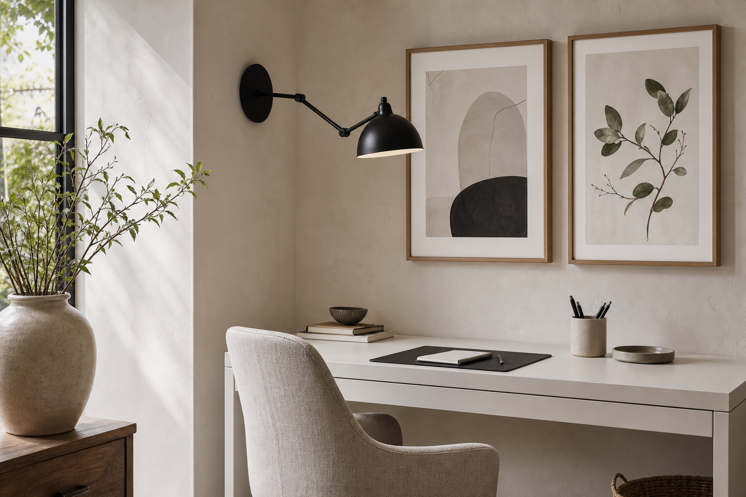 Minimal office wall with neutral framed art