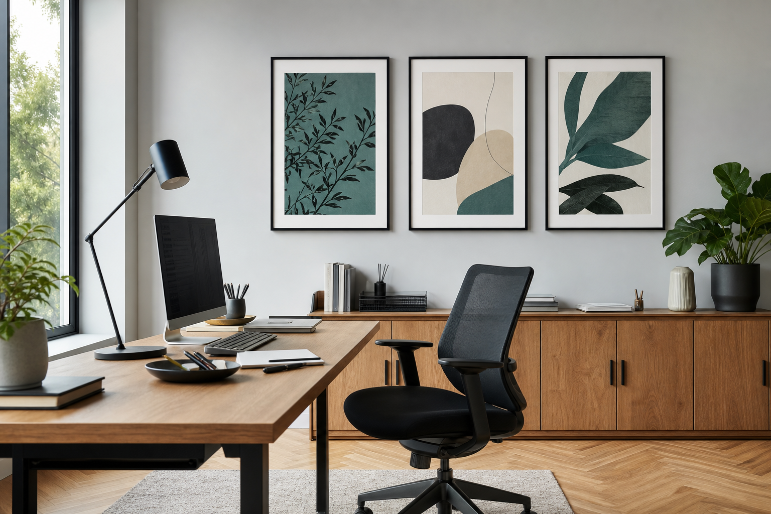 Office wall art matched to neutral and teal workspace palette