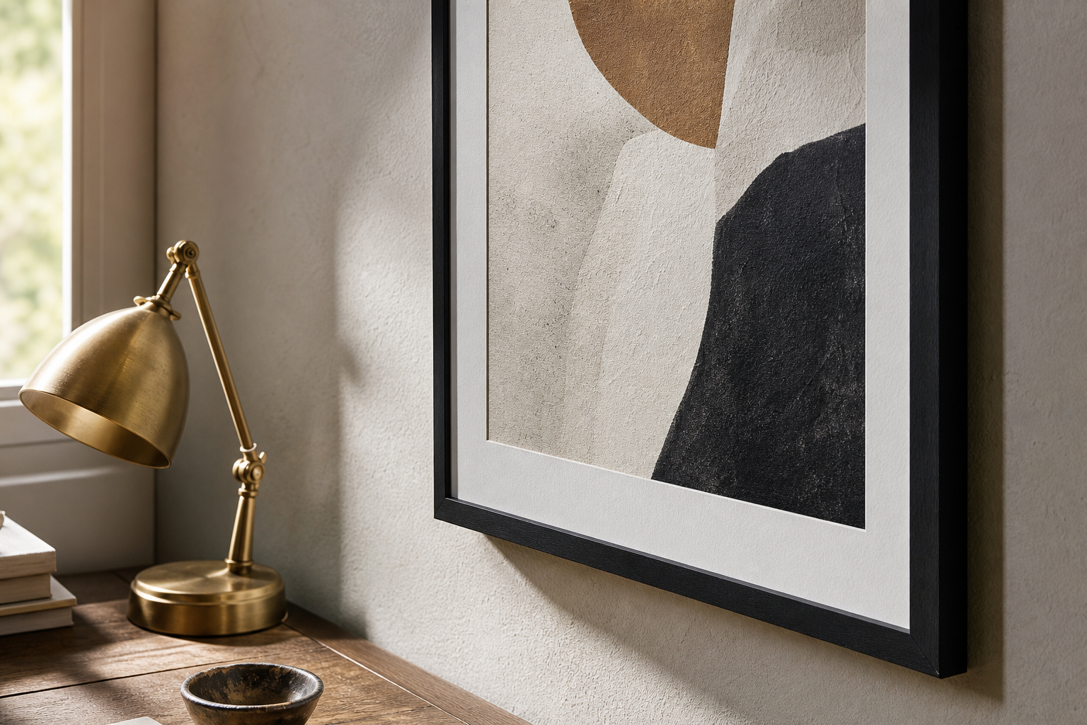 Close-up of matte black frame and textured office print