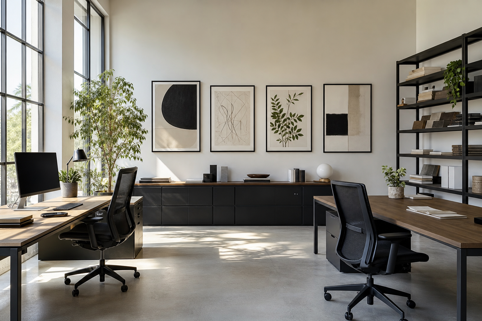 Shared office seating area with architectural and abstract framed art