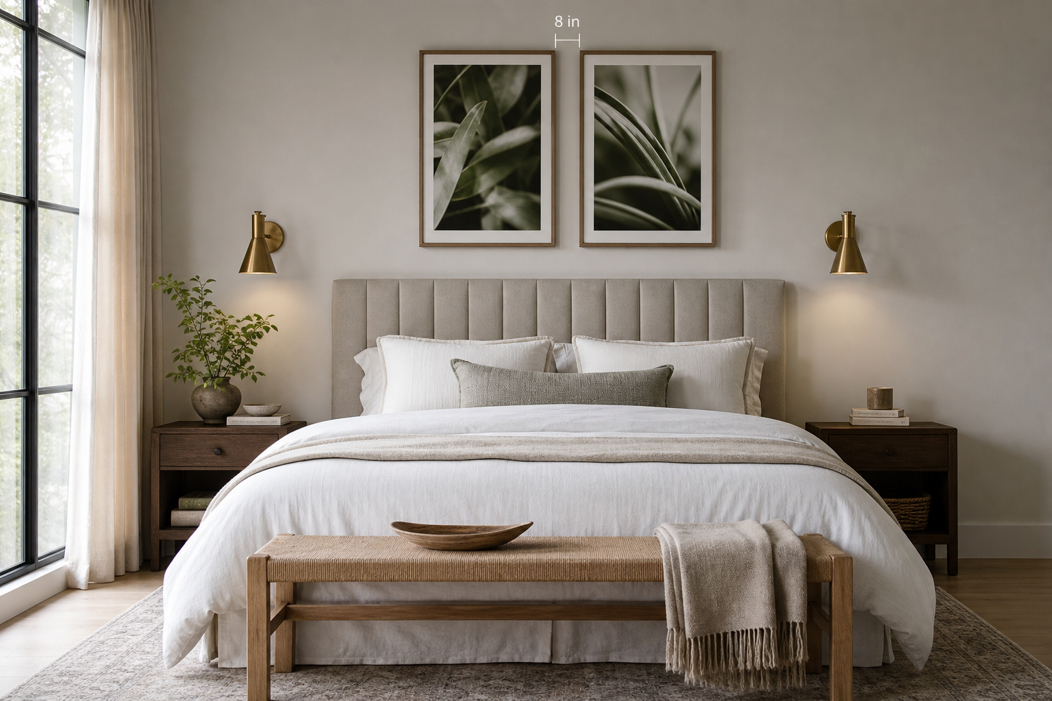Example of framed photography arrangement above a bed