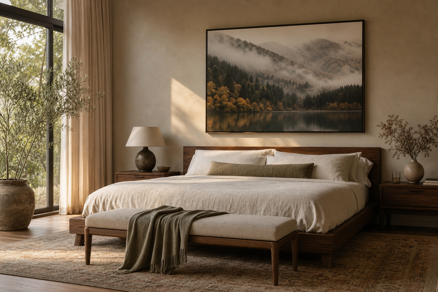 Bedroom with oversized landscape photography above bed