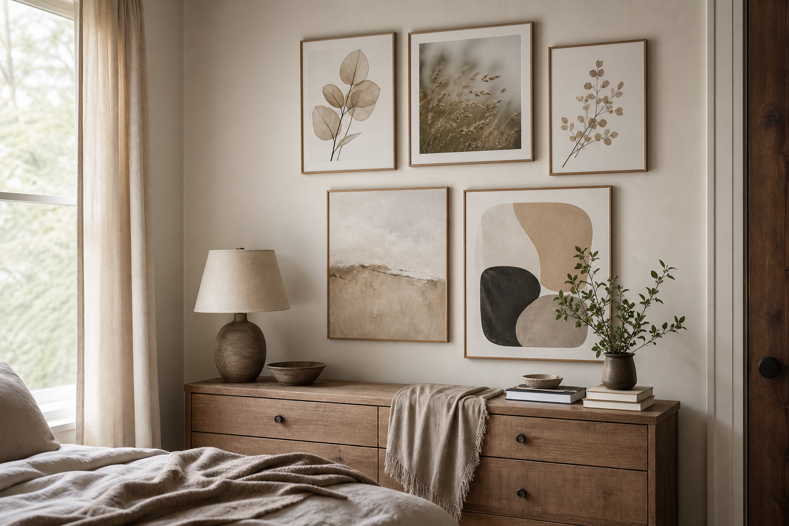 Relaxed bedroom gallery wall with mixed photographic and minimal art