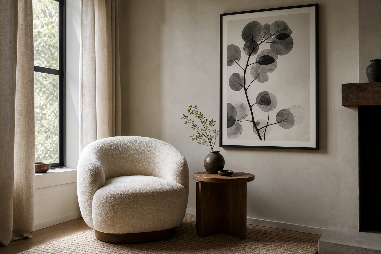 Living room corner with black-and-white photography and soft layered textures