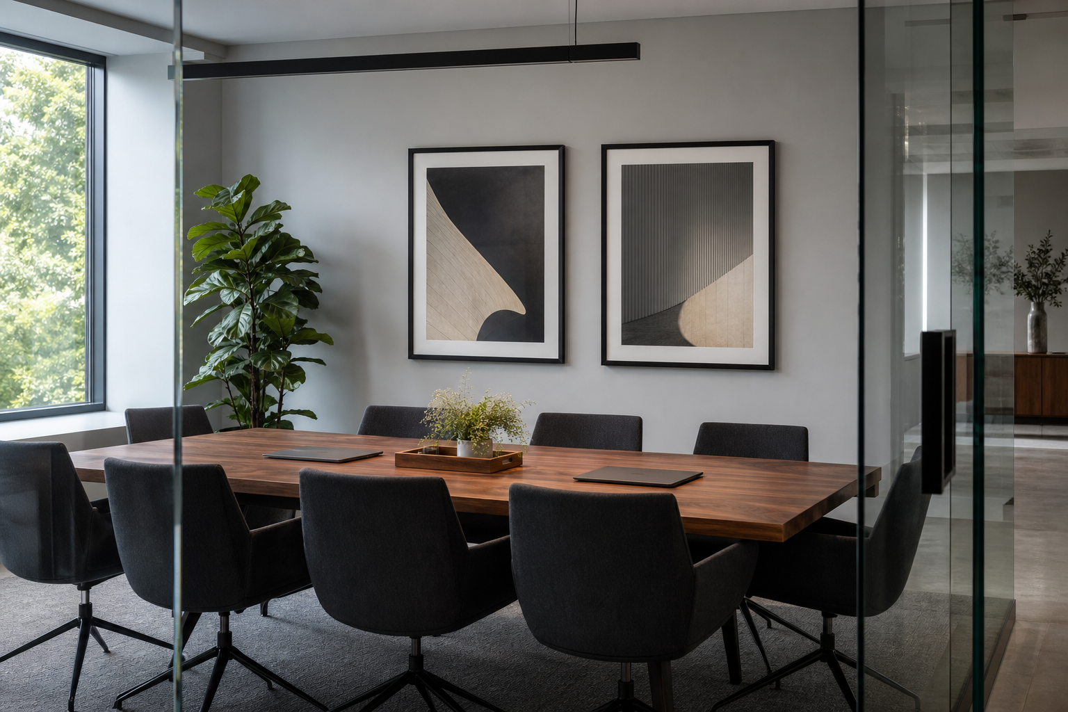 Meeting room with a pair of framed architectural photographs