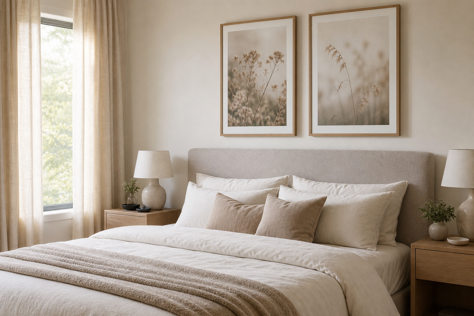 Bedroom with soft-toned photography prints above bed