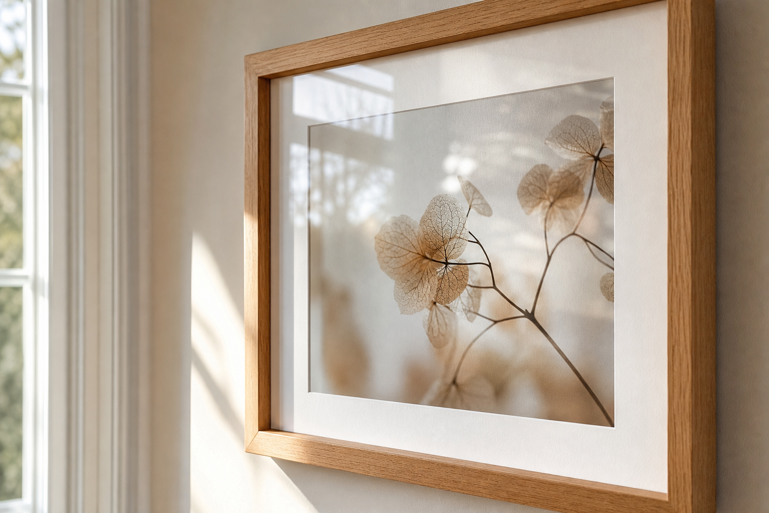 Close-up of photography print in oak frame with mat