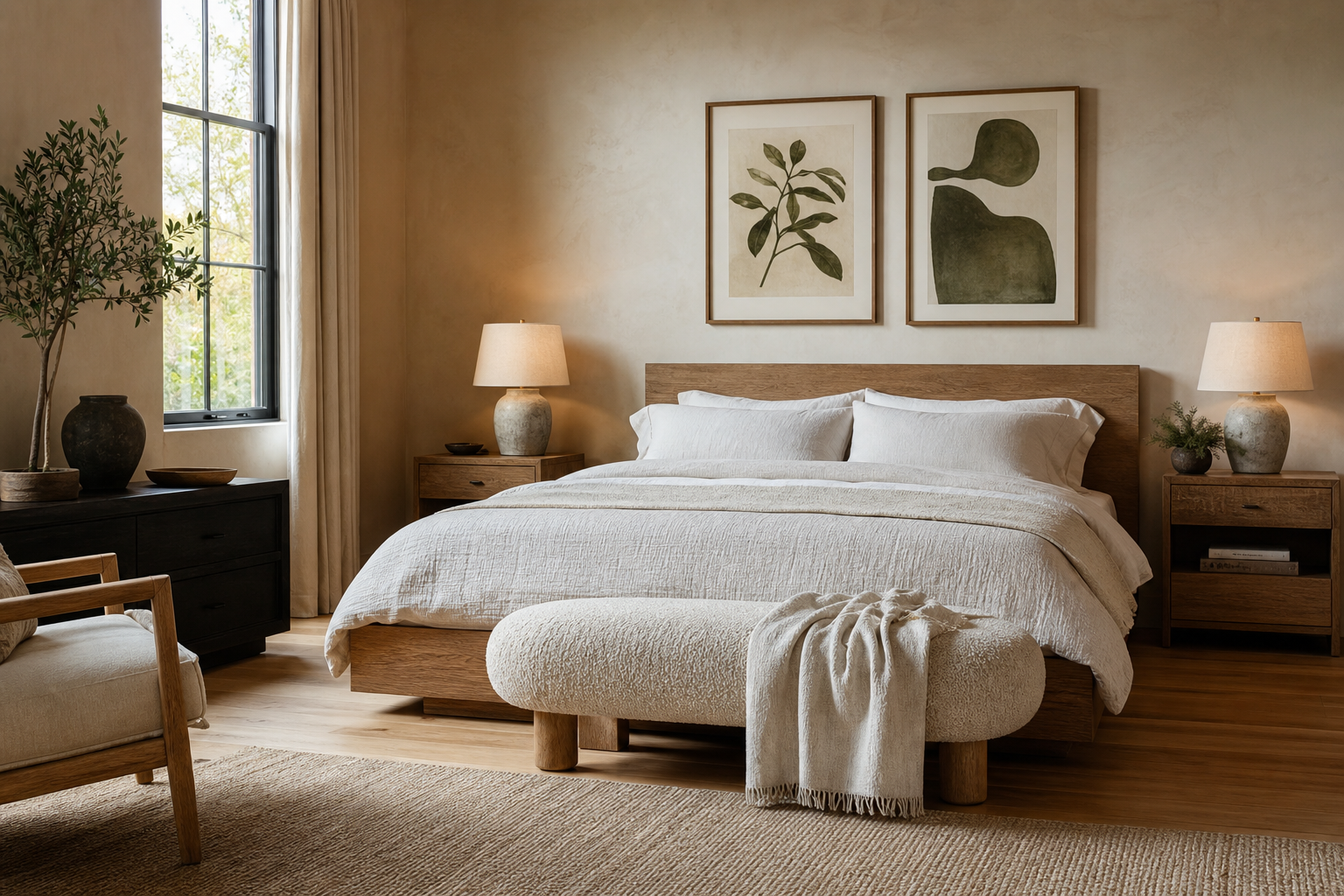 Bedroom wall with two balanced framed prints above a low bed