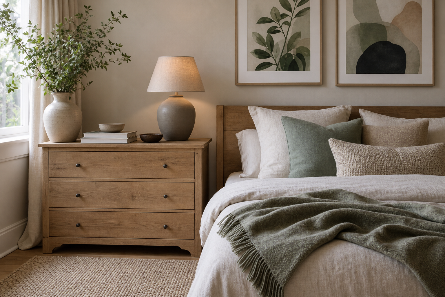 Bedroom corner with art, lamp, rug and coordinated textiles