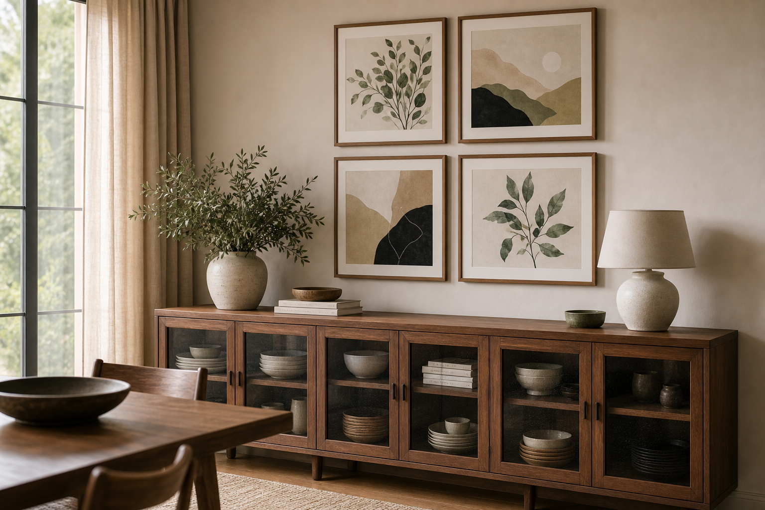 Gallery wall above a sideboard with even spacing and mixed frame sizes