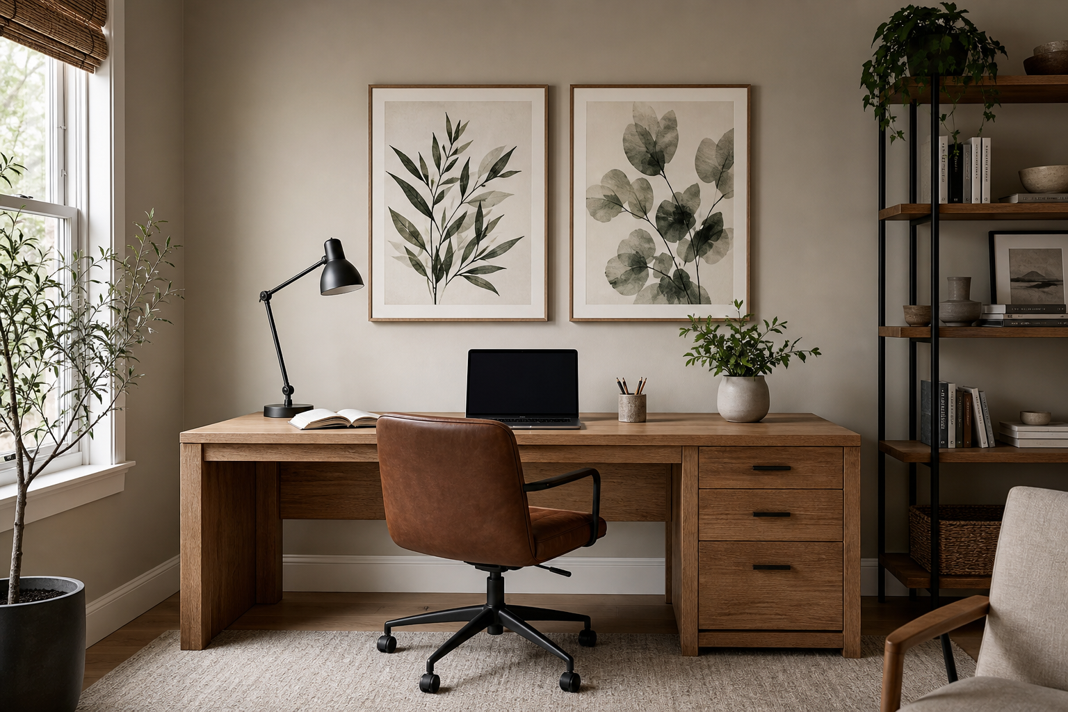 Home office with correctly sized framed art above a desk