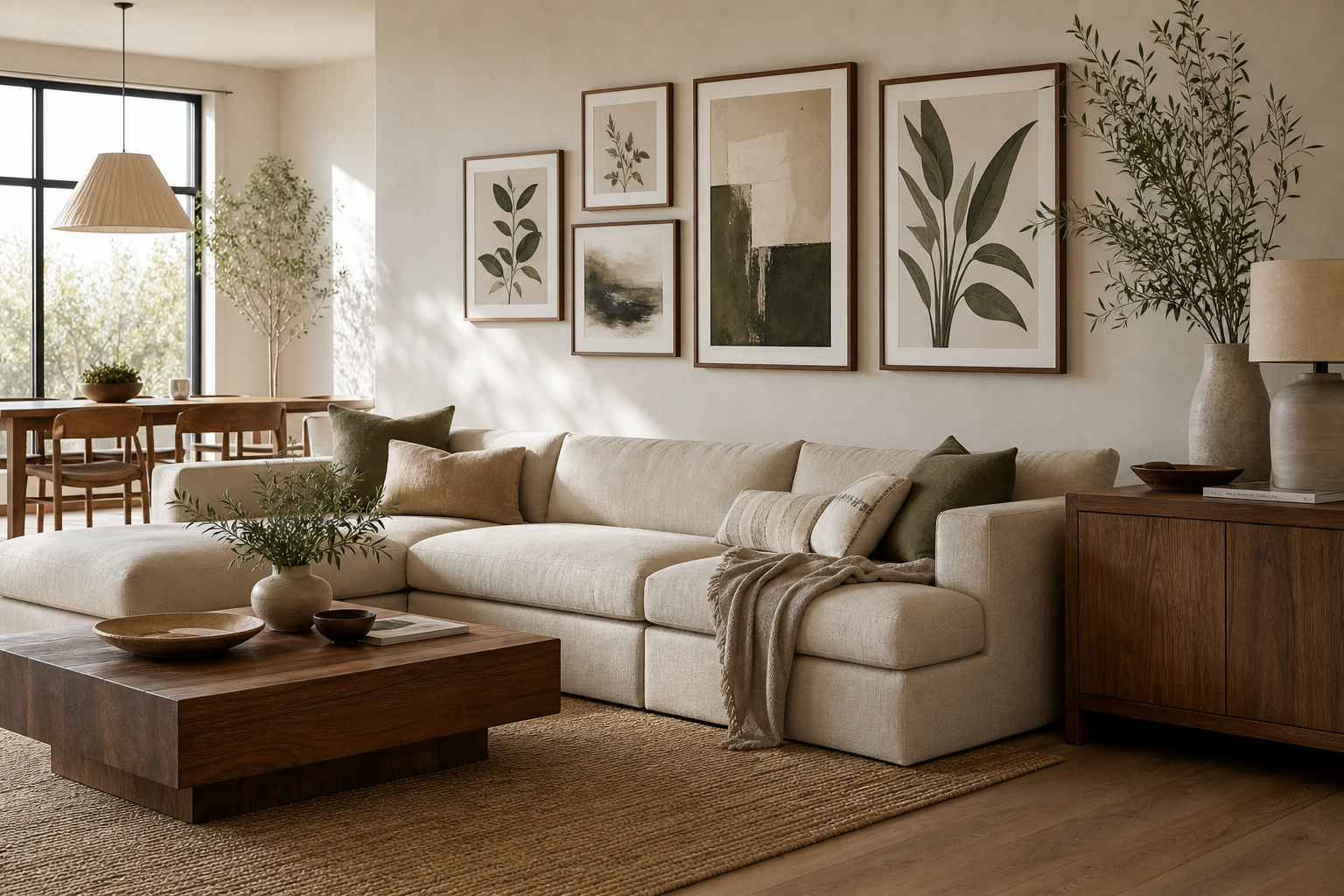 Open-plan living room with a large art grouping above a wide sofa