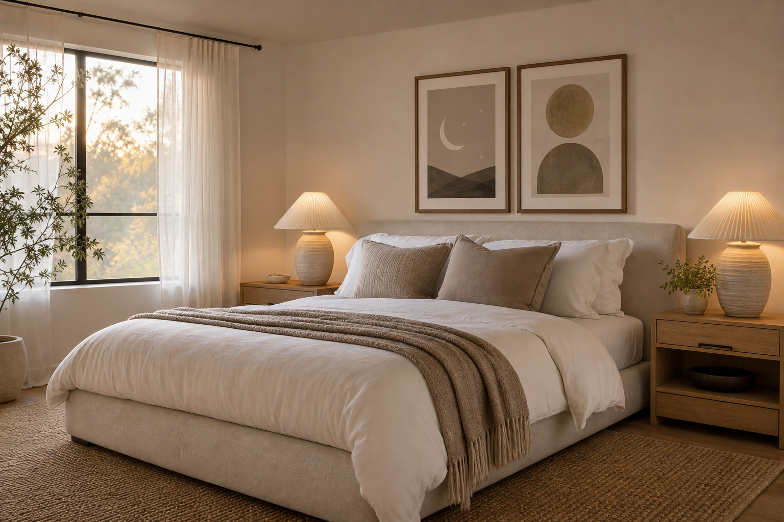 Bedroom styled with calm star-inspired wall art