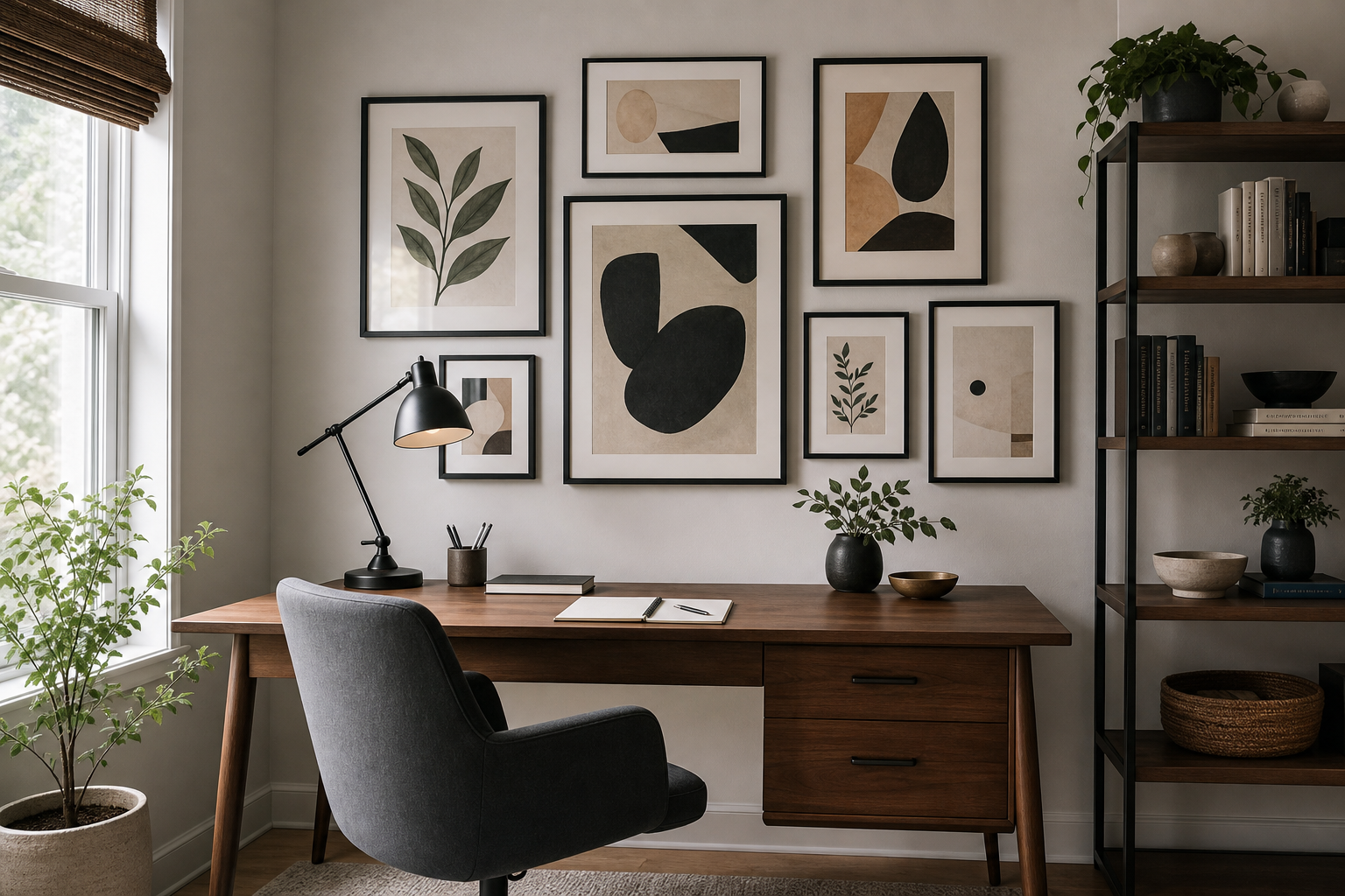 Home office gallery wall with balanced frame arrangement