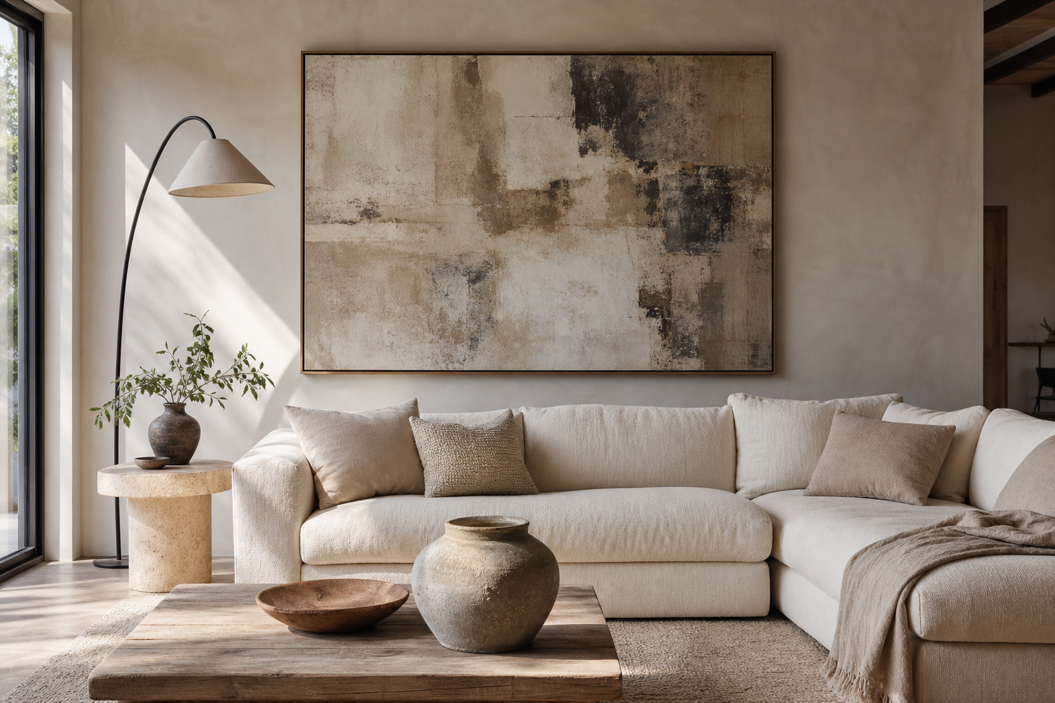 Living room with large framed abstract art