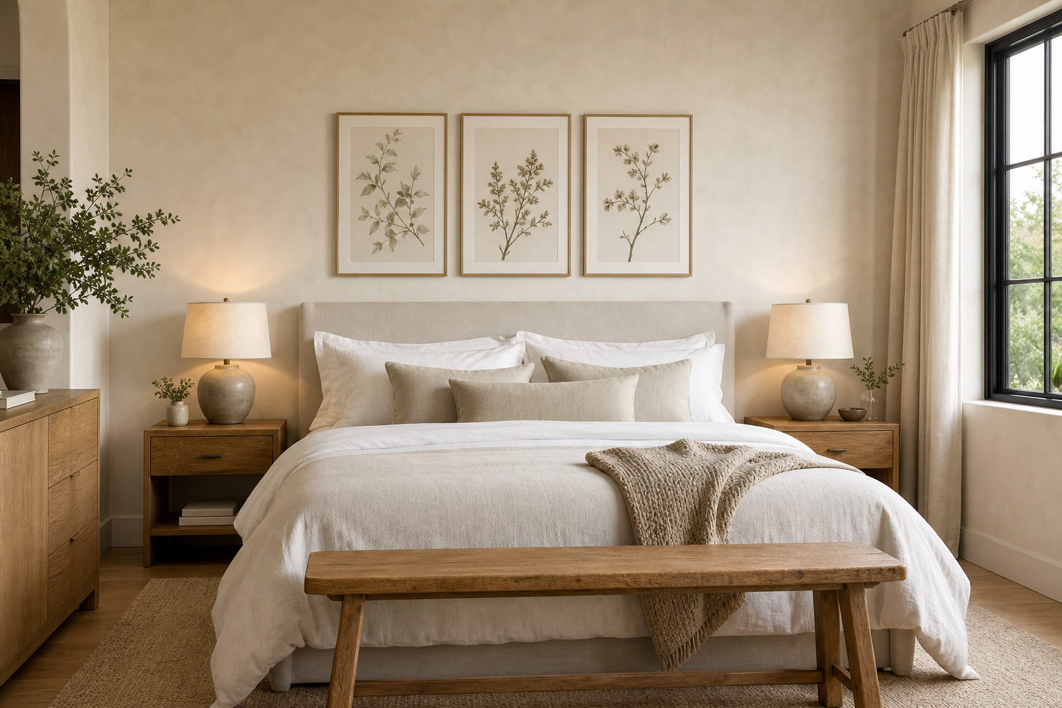 Bedroom with a wide artwork arrangement over the bed