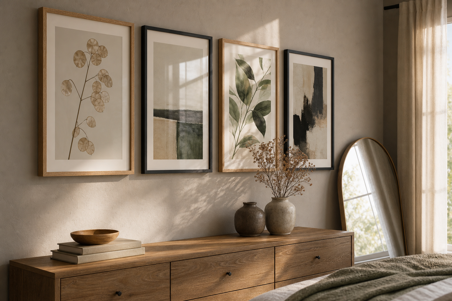 Bedroom gallery wall with coordinated frames