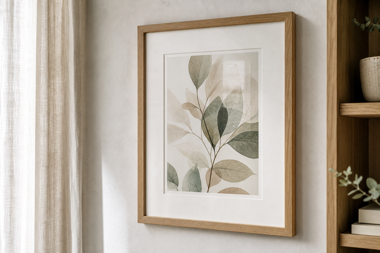 Close-up of oak frame and mat on Scandinavian wall art