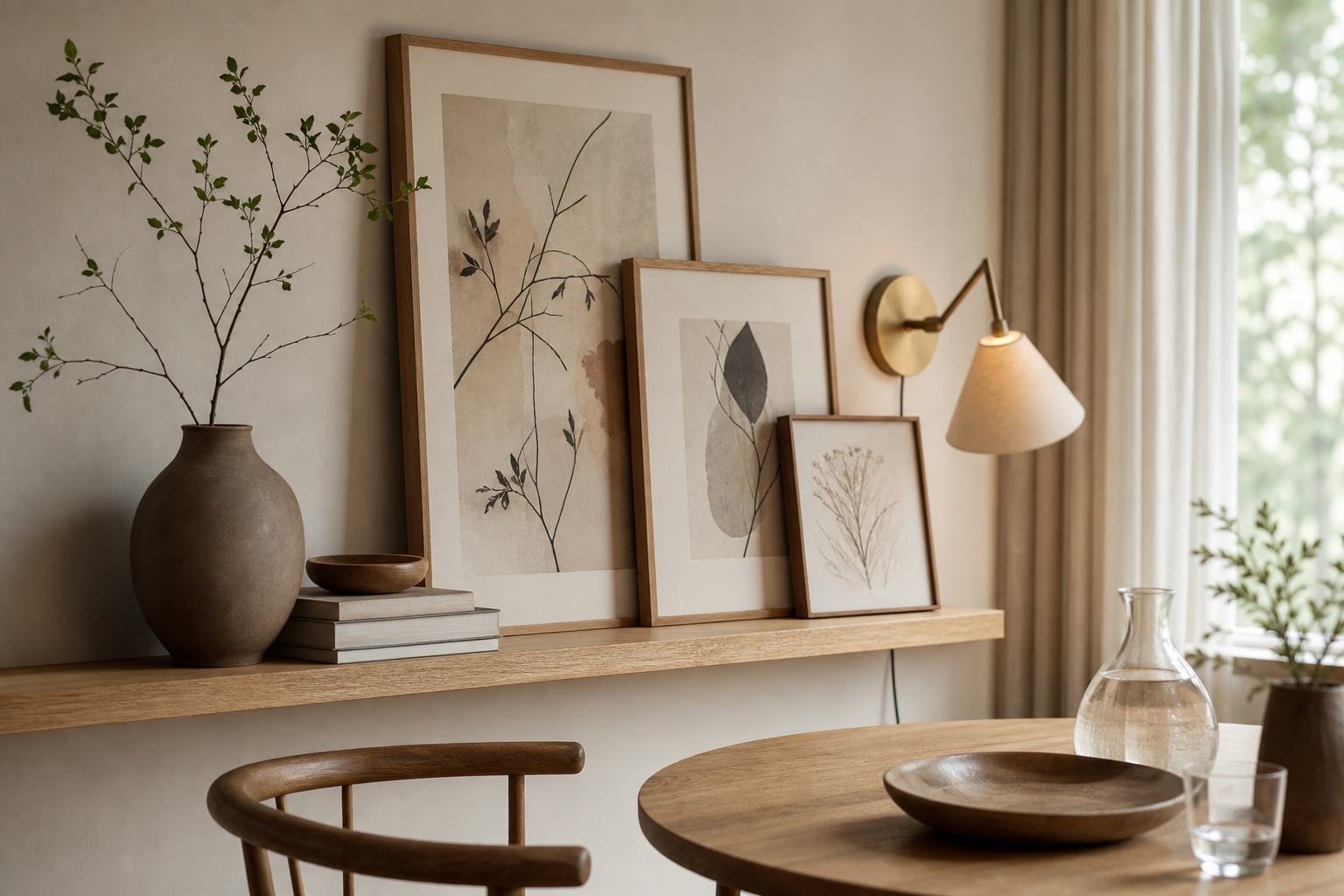 Nordic shelf styling with layered framed art and ceramics