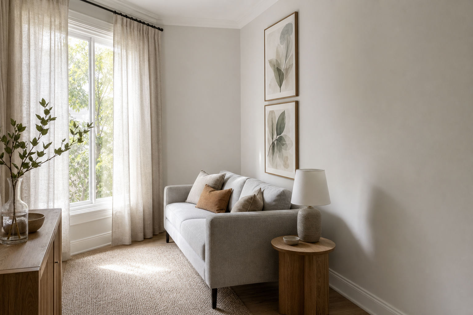 Living room with vertical wall art arrangement above sofa