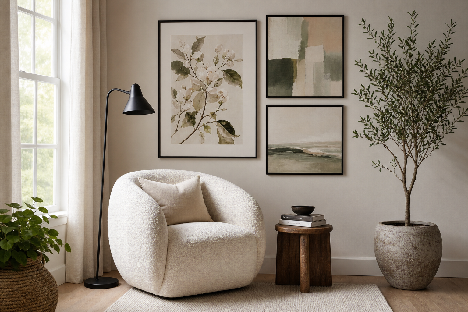 Small gallery wall above a reading chair