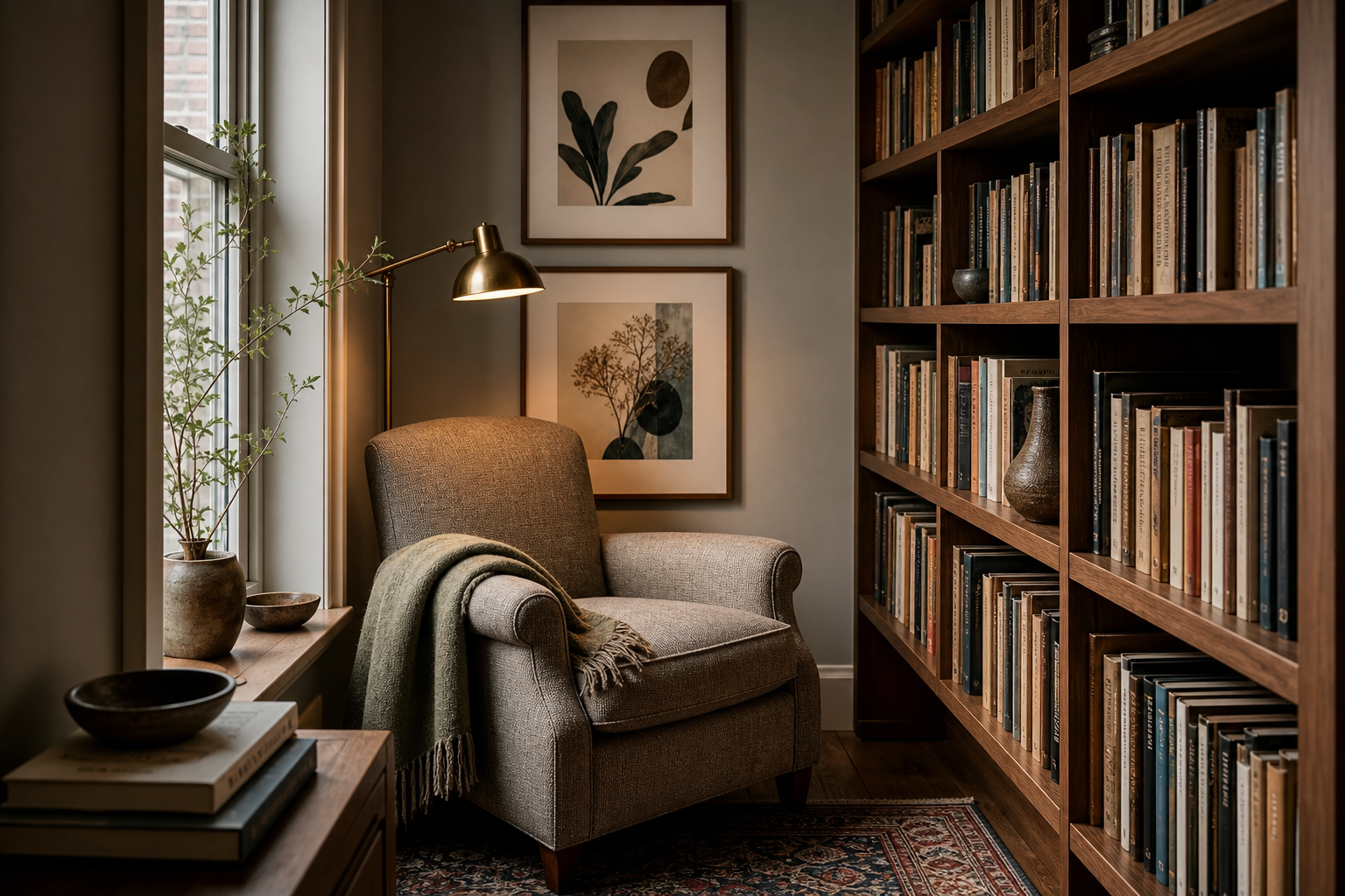 Reading corner with book-inspired framed art and shelves