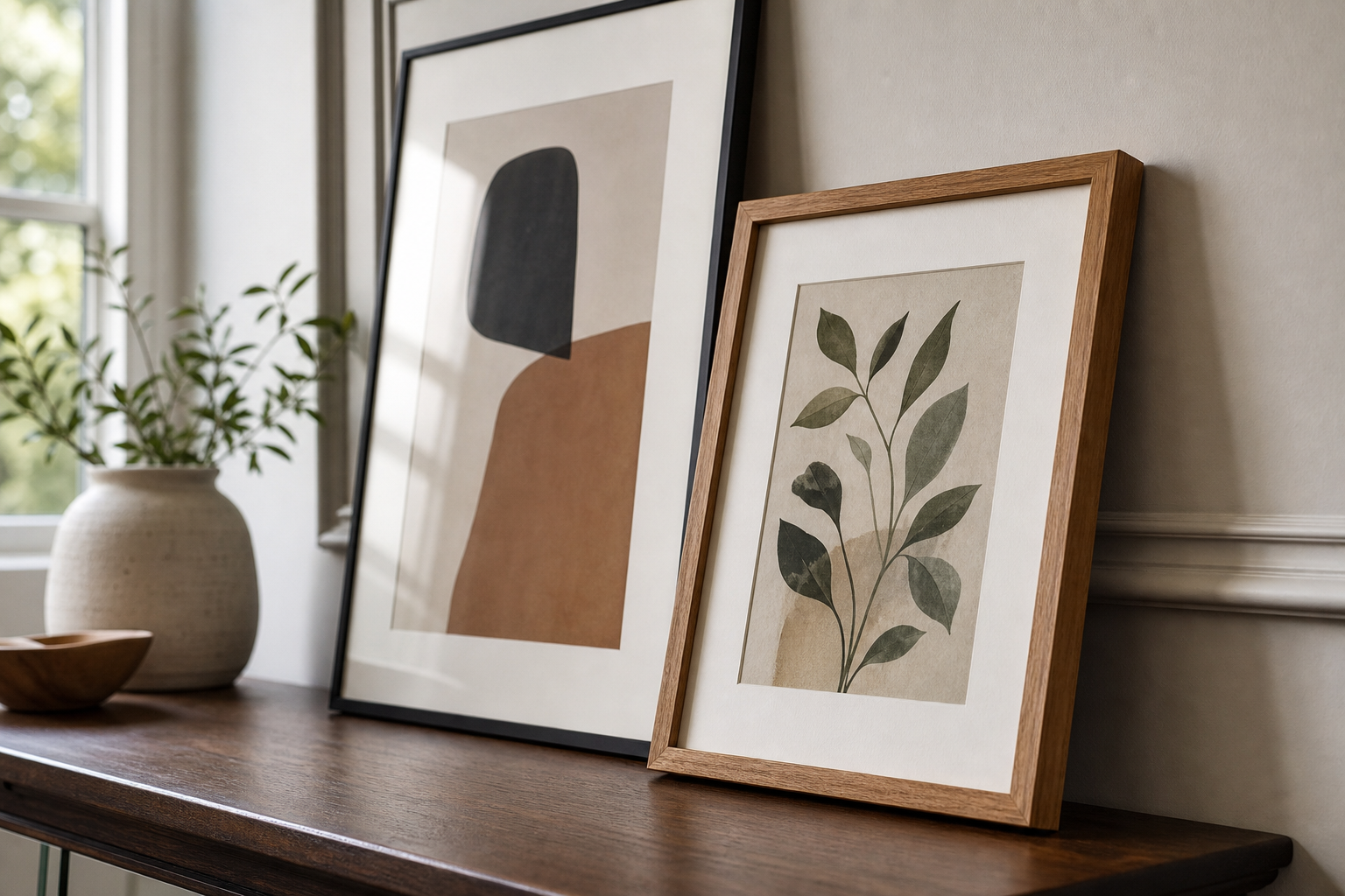 Close-up of wood and black frames with textured wall art