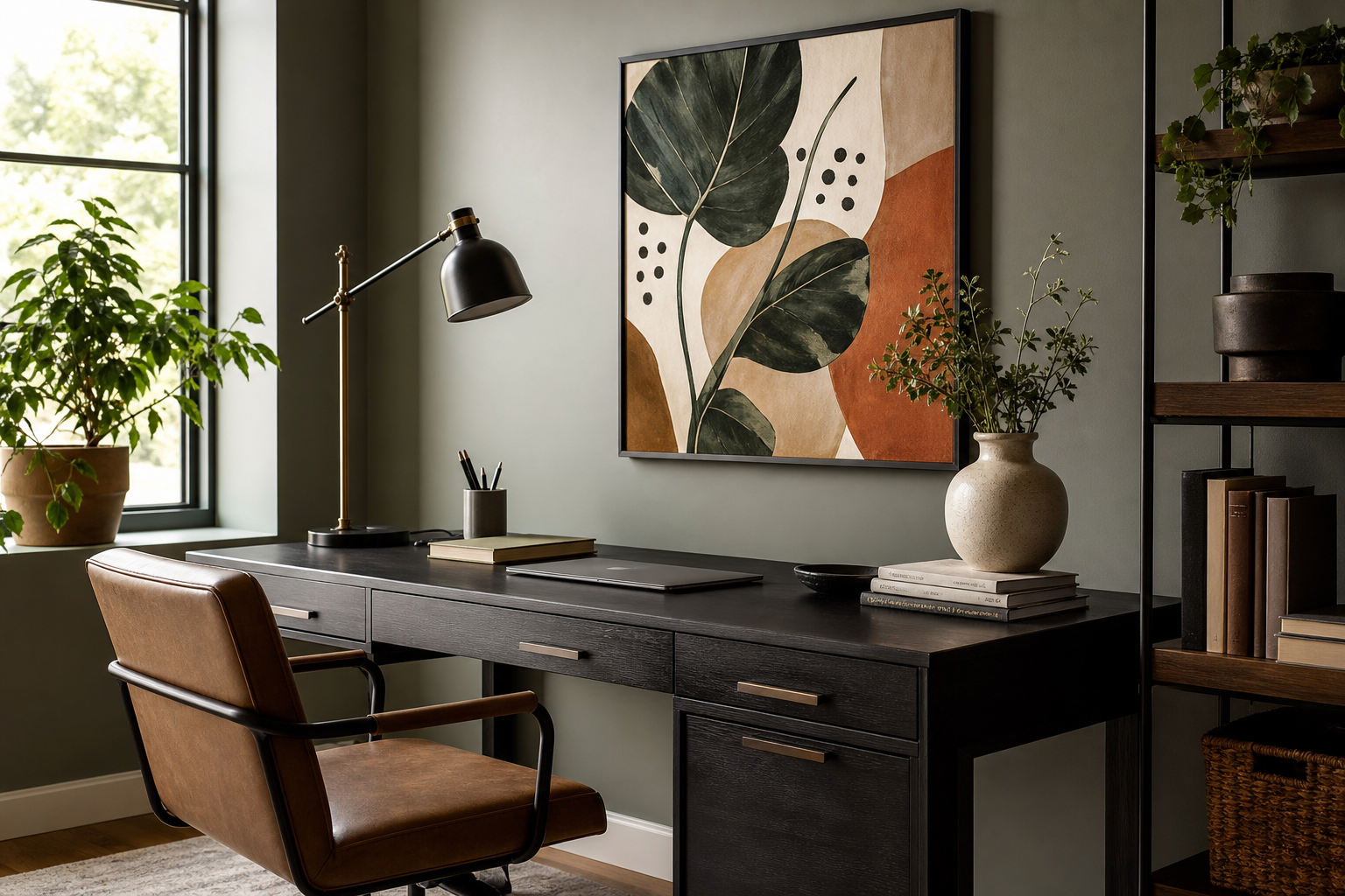 Creative home office with statement wall art