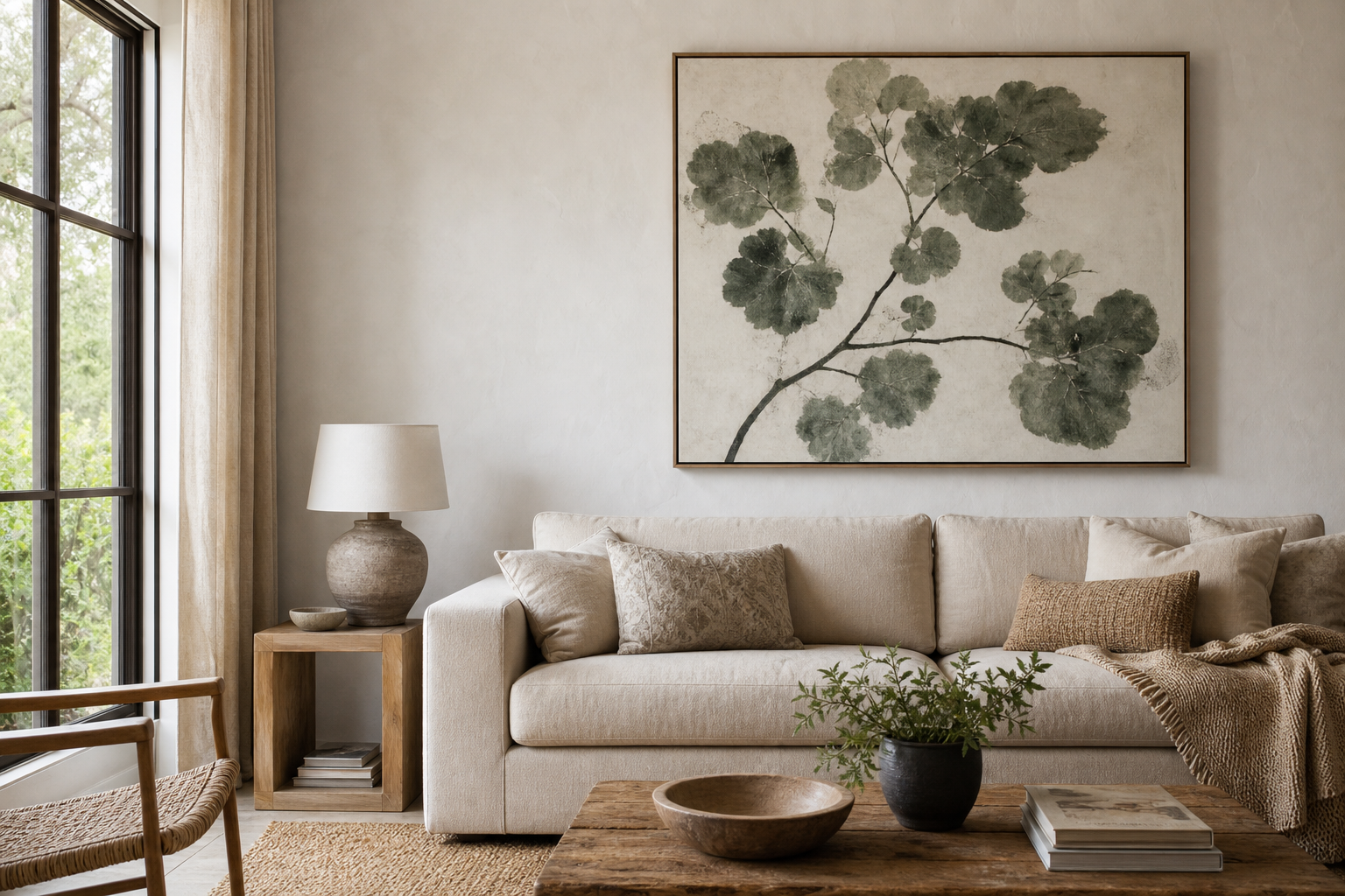 Statement art above sofa in bright living room