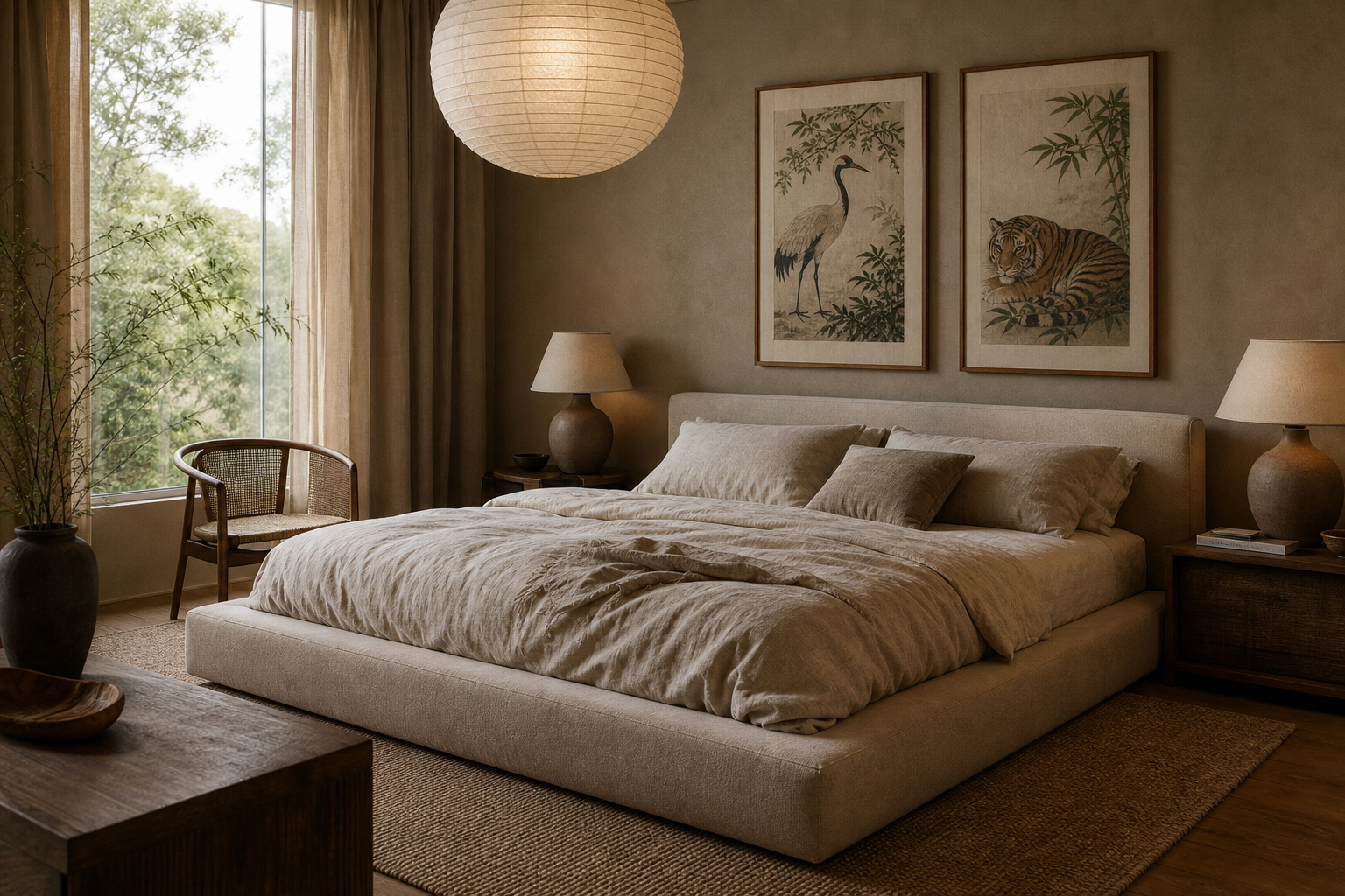 Soft bedroom with crane and tiger inspired framed art