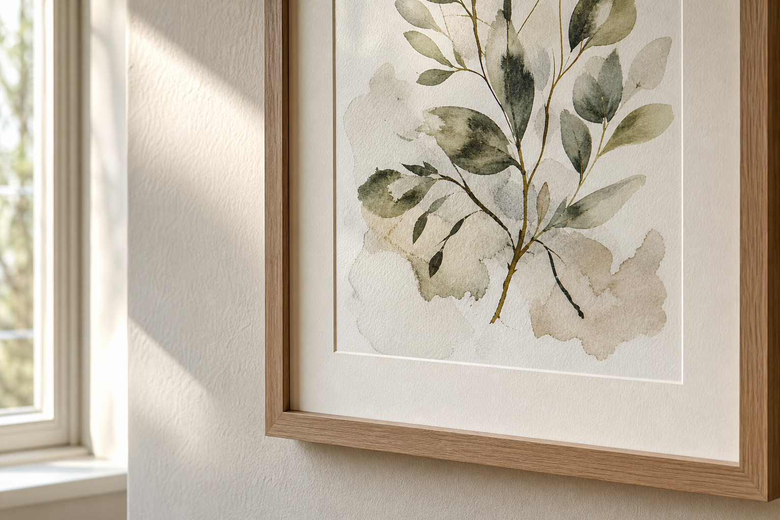 Close-up of oak frame and textured art paper