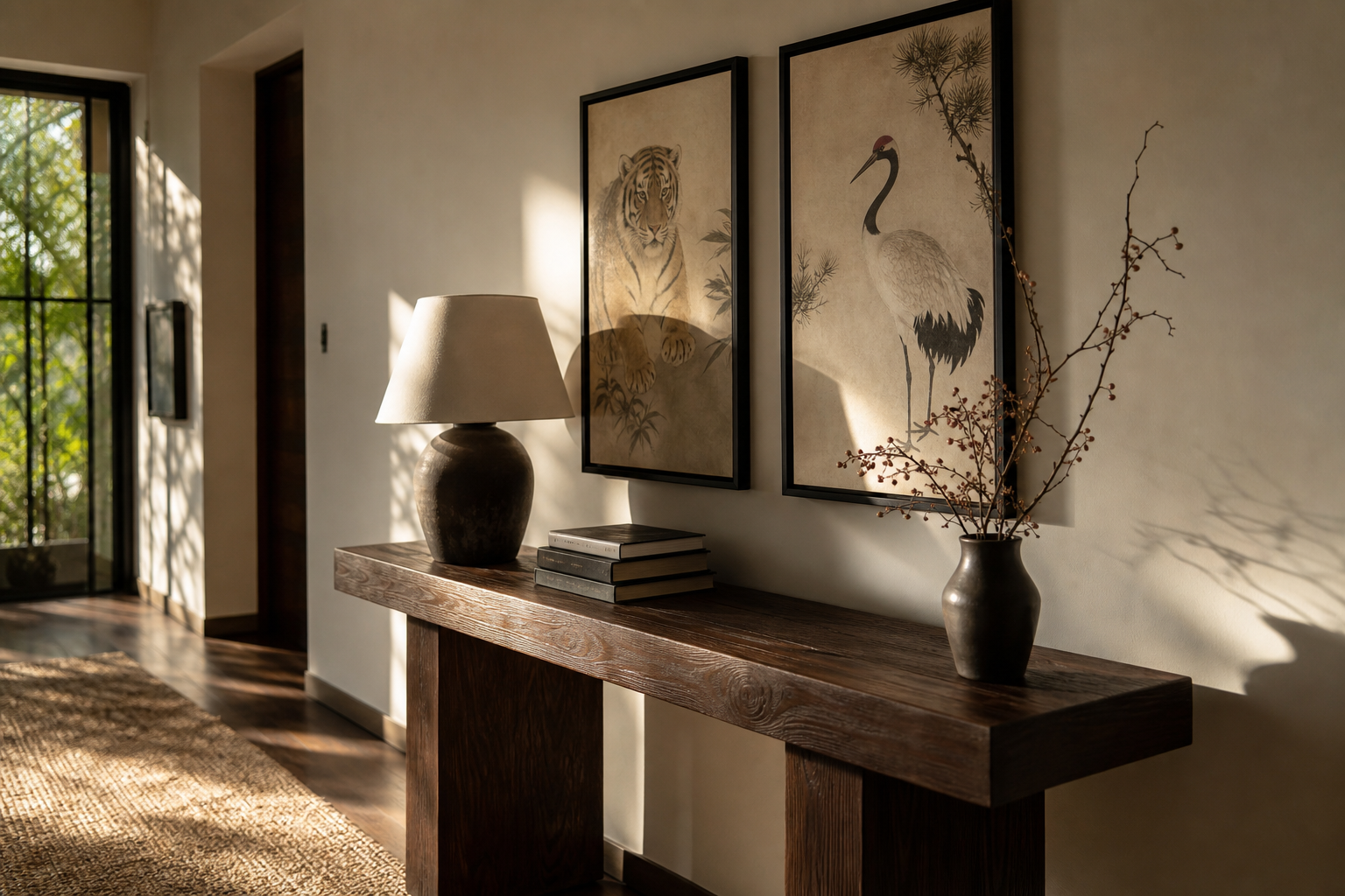 Balanced wall arrangement with tiger and crane art above a console