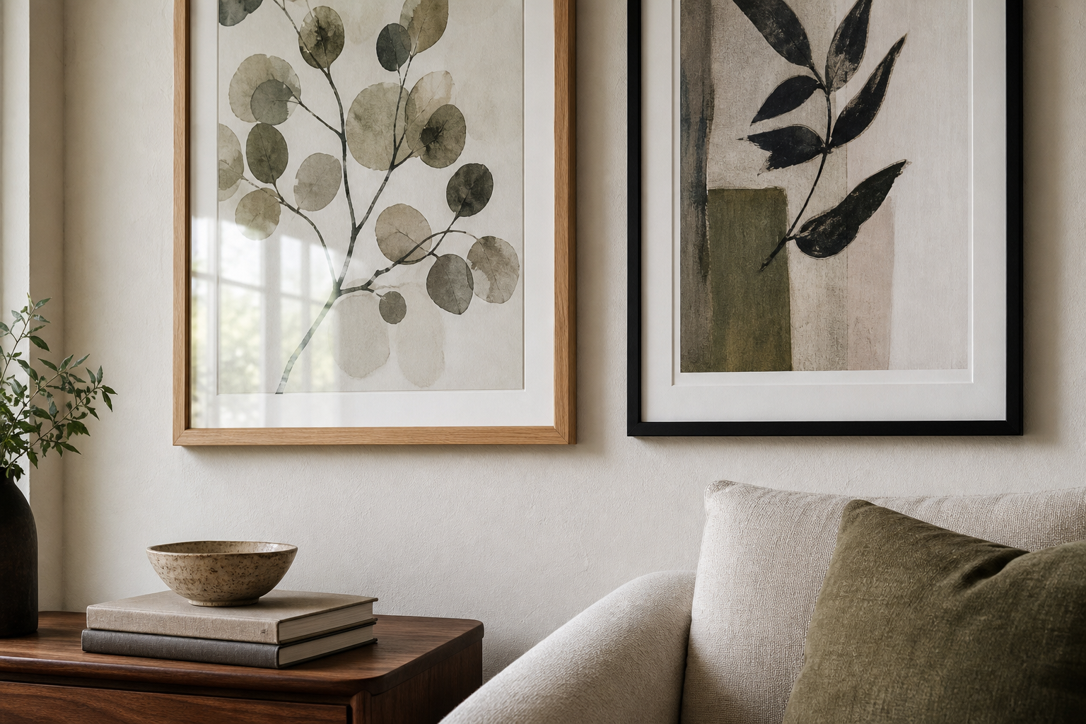 Close-up of oak and black frames with textured paper in living room