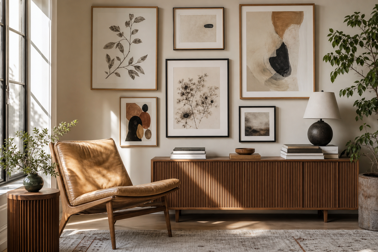 Layered gallery wall in a modern living room with typography and abstract art