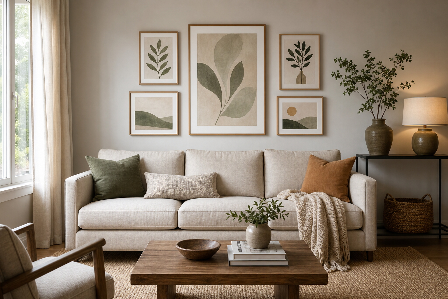 Living room sofa wall with correctly sized typography print arrangement