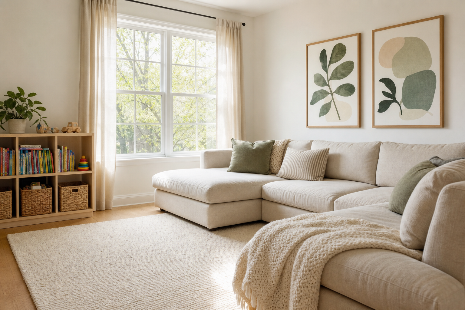 Cozy family living room with playful framed text art