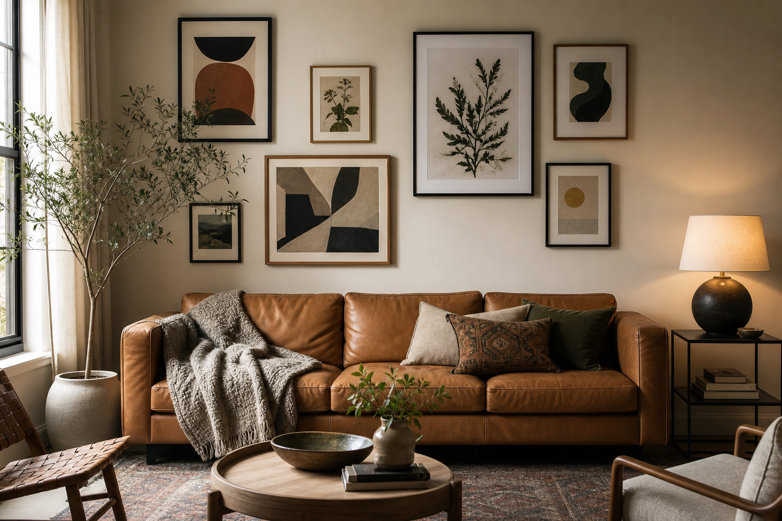 Layered living room gallery wall with typography and abstract prints