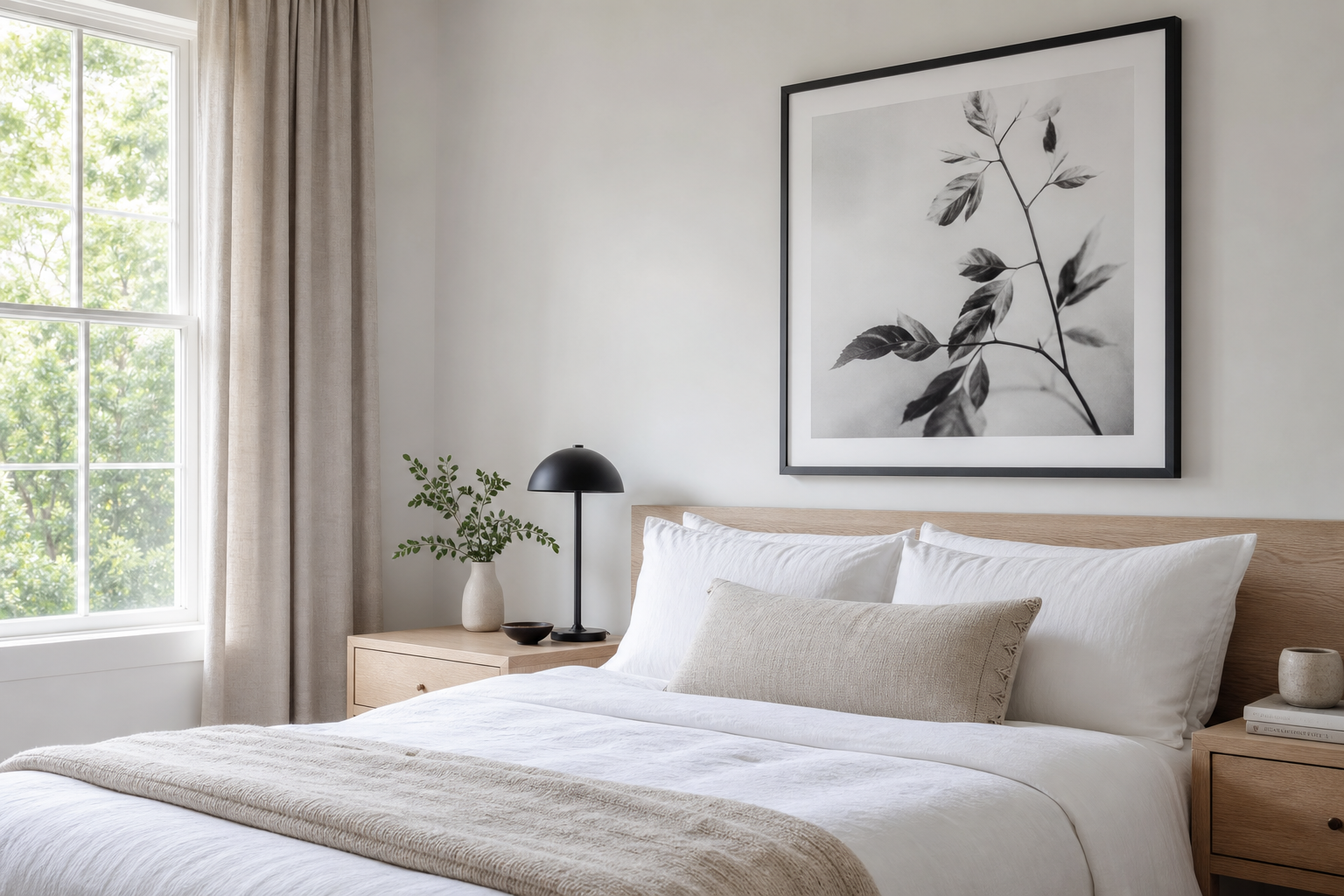 Minimal bedroom with black and white typography print