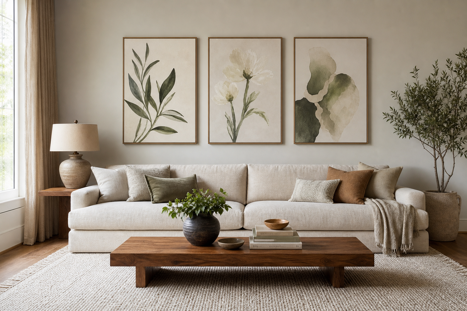 Vintage wall arrangement above a sofa with balanced spacing
