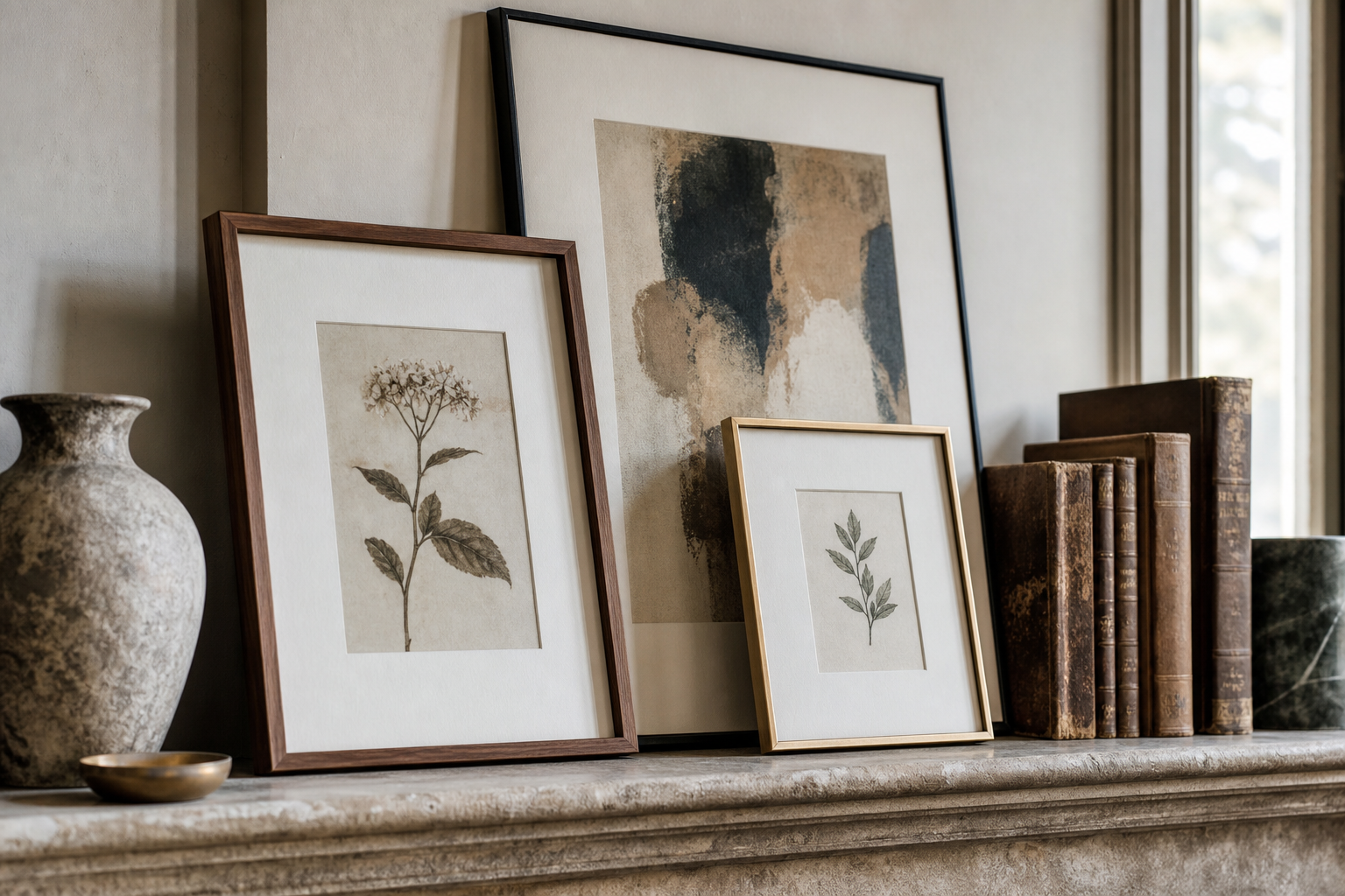 Close-up of vintage-style frames in wood and brass
