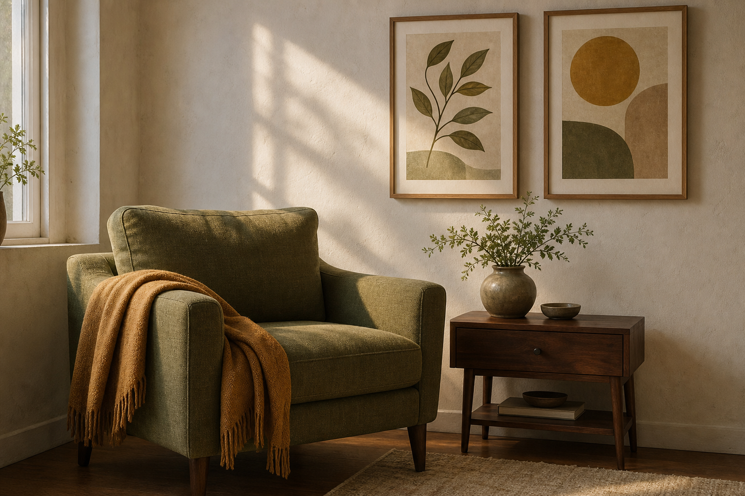 Timeless vintage living room palette with olive, ochre and walnut tones