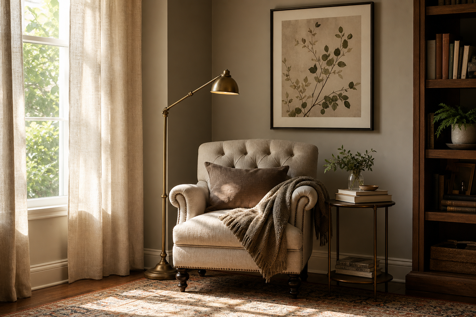 Reading nook with vintage wall art and warm layered textures