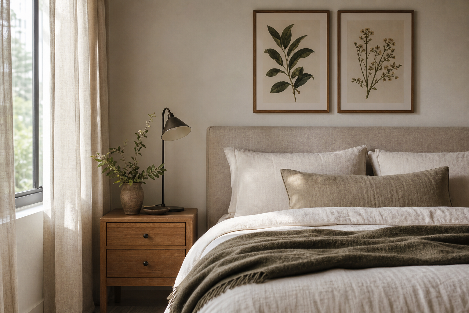 Bedroom with vintage-inspired framed art and collected styling